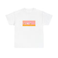 White Dancers tee — three figures against a pink and orange gradient, printed on the chest of a unisex cotton t-shirt.